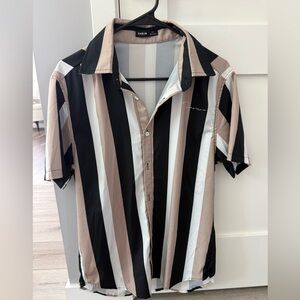 SHEIN Men’s Short-Sleeve Vertical Stripe Button-Down - Black, Beige & White